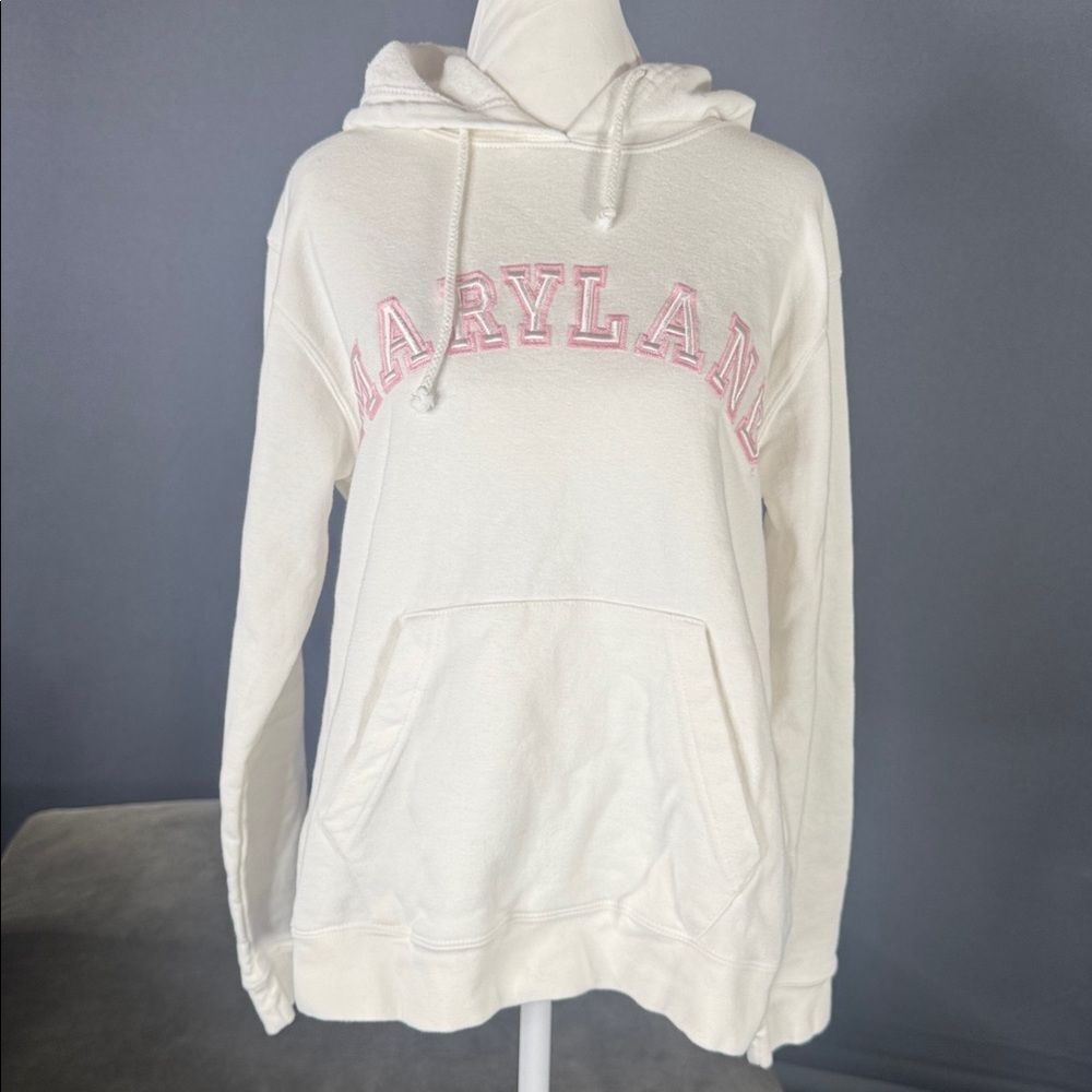 Women’s White Embroidered MARYLAND College Drawstring Hoodie Size L NEW